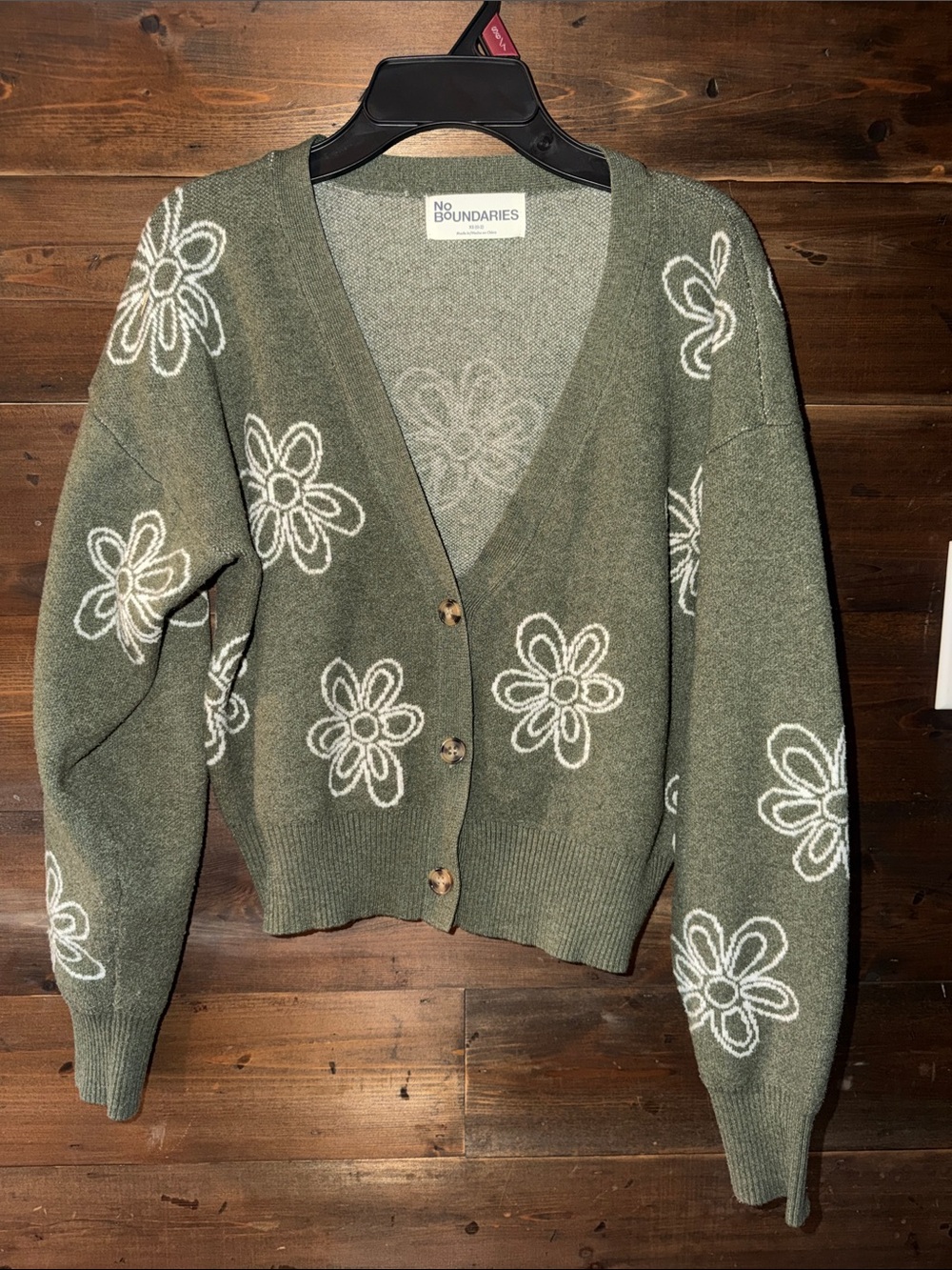 No Boundaries Olive Green Floral Button-Front Cardigan